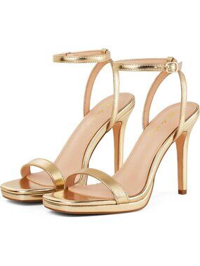 Women’s Gold Stilettos Heeled Sandals Open Square Toe Heels 4.3 Inch Open Toe